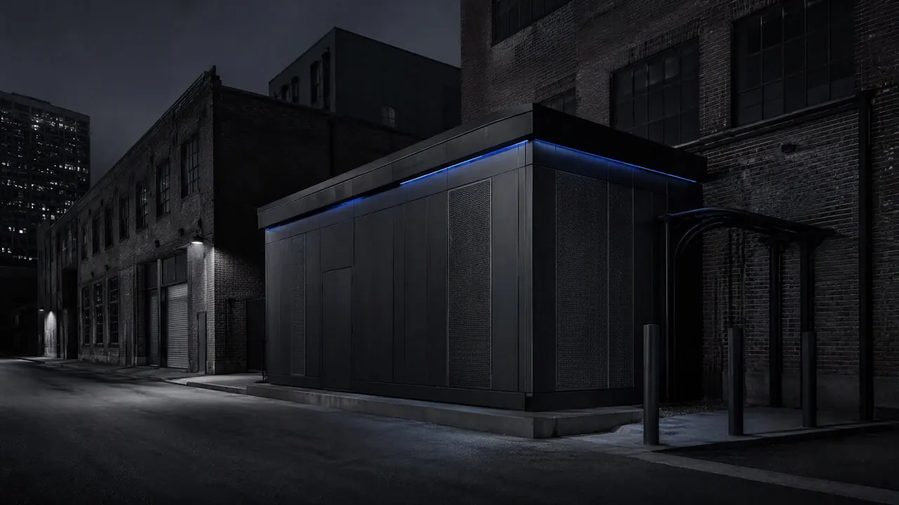 Edge data center integrated into a city block at night