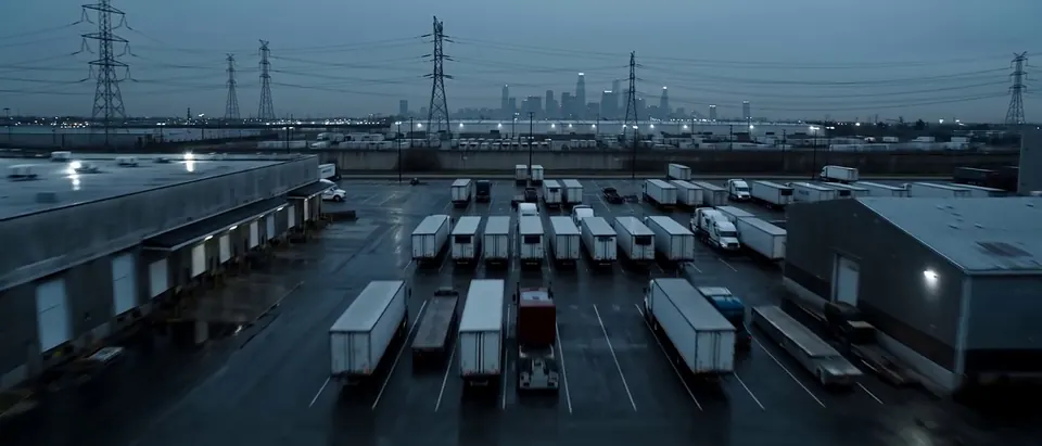 Aerial view of an industrial outdoor storage yard at dusk