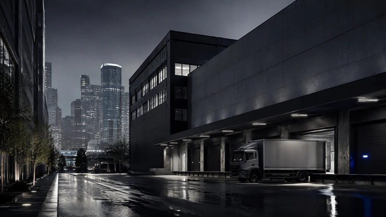 Urban fleet yard with electric vehicles at dusk