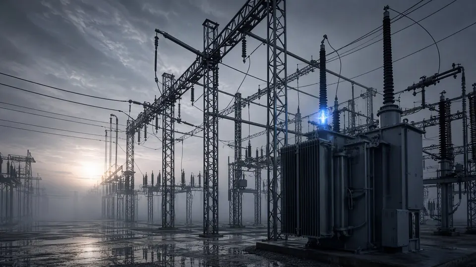 High-voltage substation at dawn